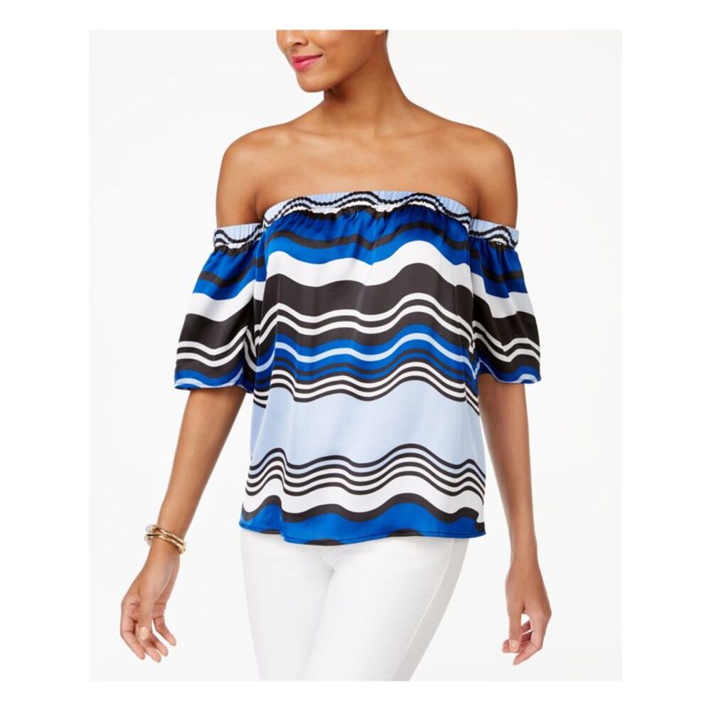INC Womens Blue Striped Short Sleeve Off Shoulder Top Size: L - Picture 1 of 4